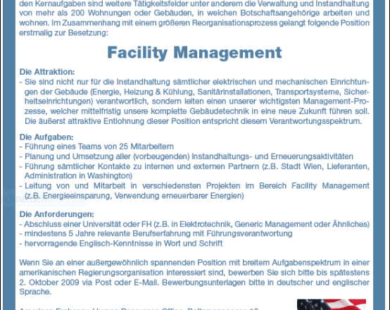 Bewerbung in der U.S. Botschaft in Wien als Facility Manager